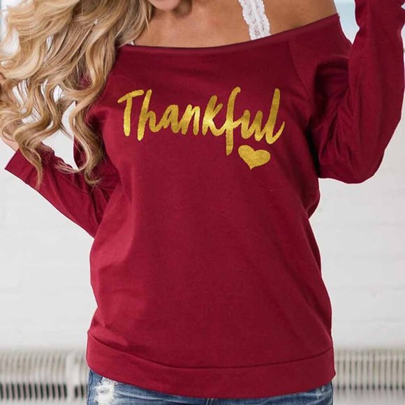LAST ONE! Off Shoulder Thanksgiving Thankful Shirt - Picture 1 of 6